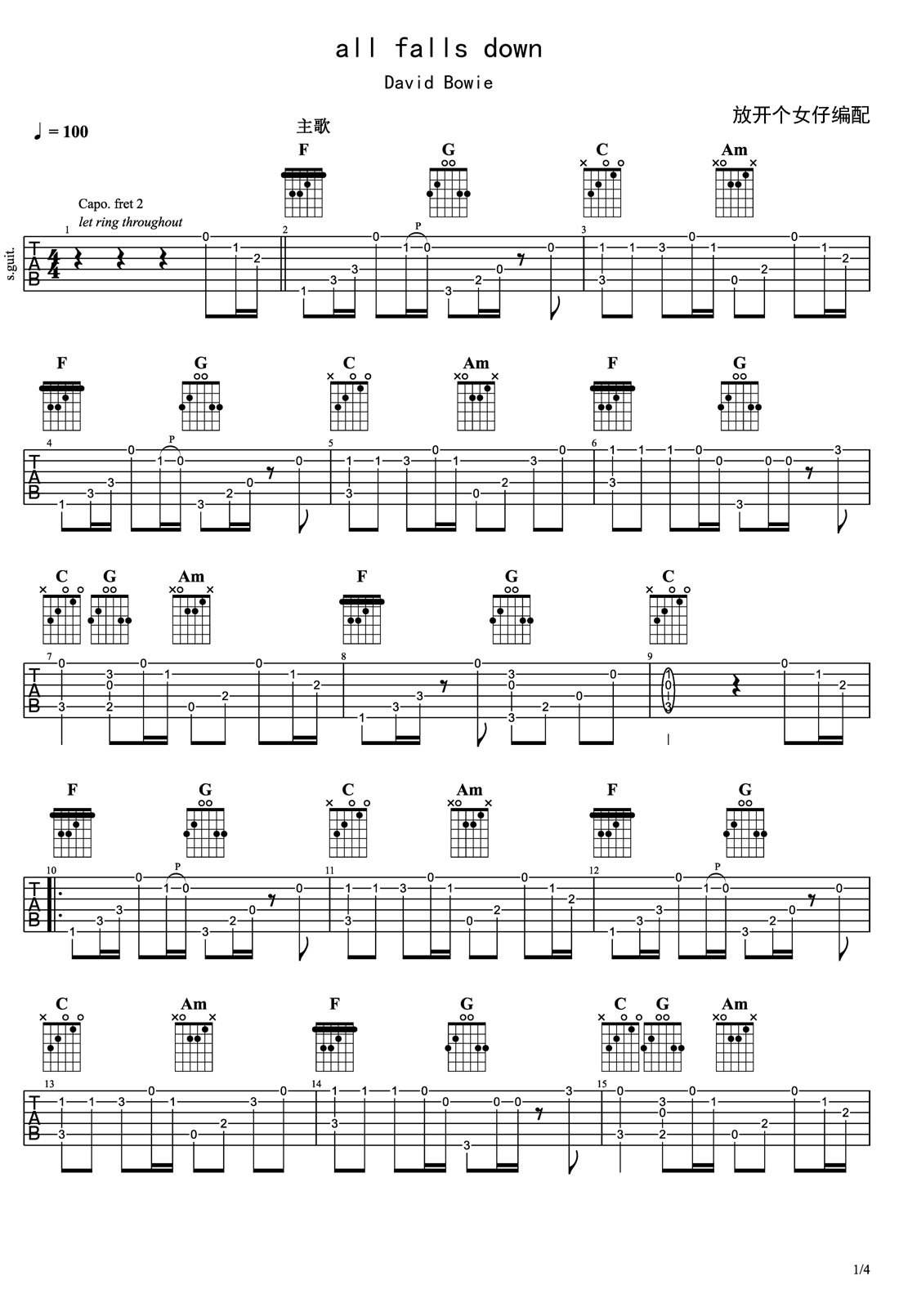 All Falls Down吉他譜_David Bowie_C調指彈/獨奏譜_圖譜1