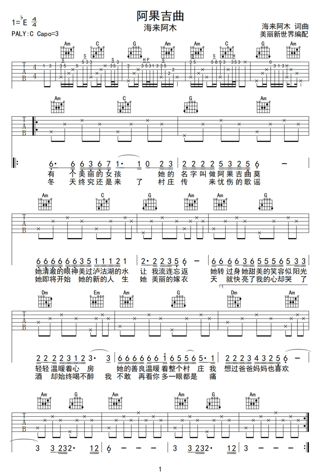 阿果吉曲吉他譜_海來(lái)阿木_C調(diào)和弦彈唱譜_完整帶前奏_圖譜1