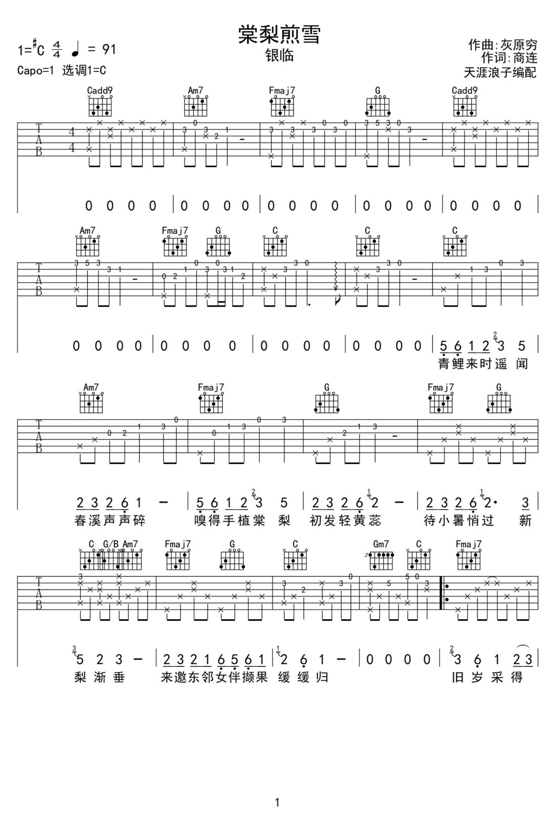 棠梨煎雪吉他譜_銀臨_C調和弦彈唱譜_高清帶前奏_圖譜1