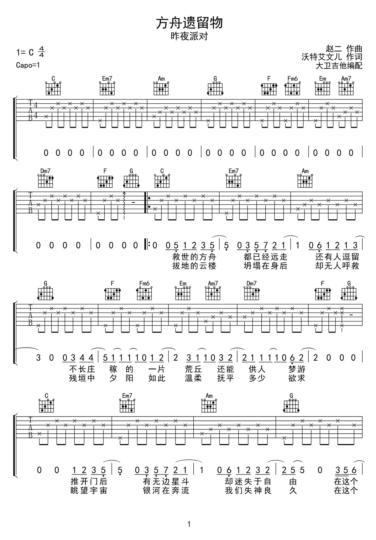 方舟遺留物吉他譜_昨夜派對_C調和弦彈唱譜_高清簡易版_圖譜1
