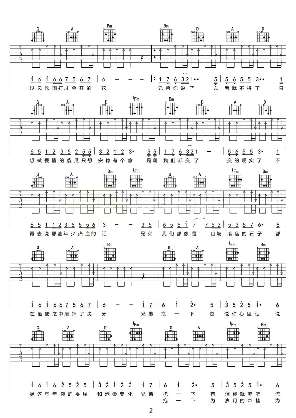 兄弟抱一下吉他譜_龐龍_D調和弦彈唱譜_高清重制版_圖譜2