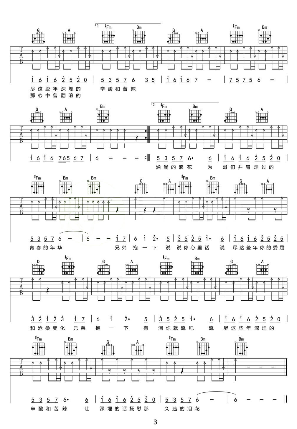 兄弟抱一下吉他譜_龐龍_D調和弦彈唱譜_高清重制版_圖譜3