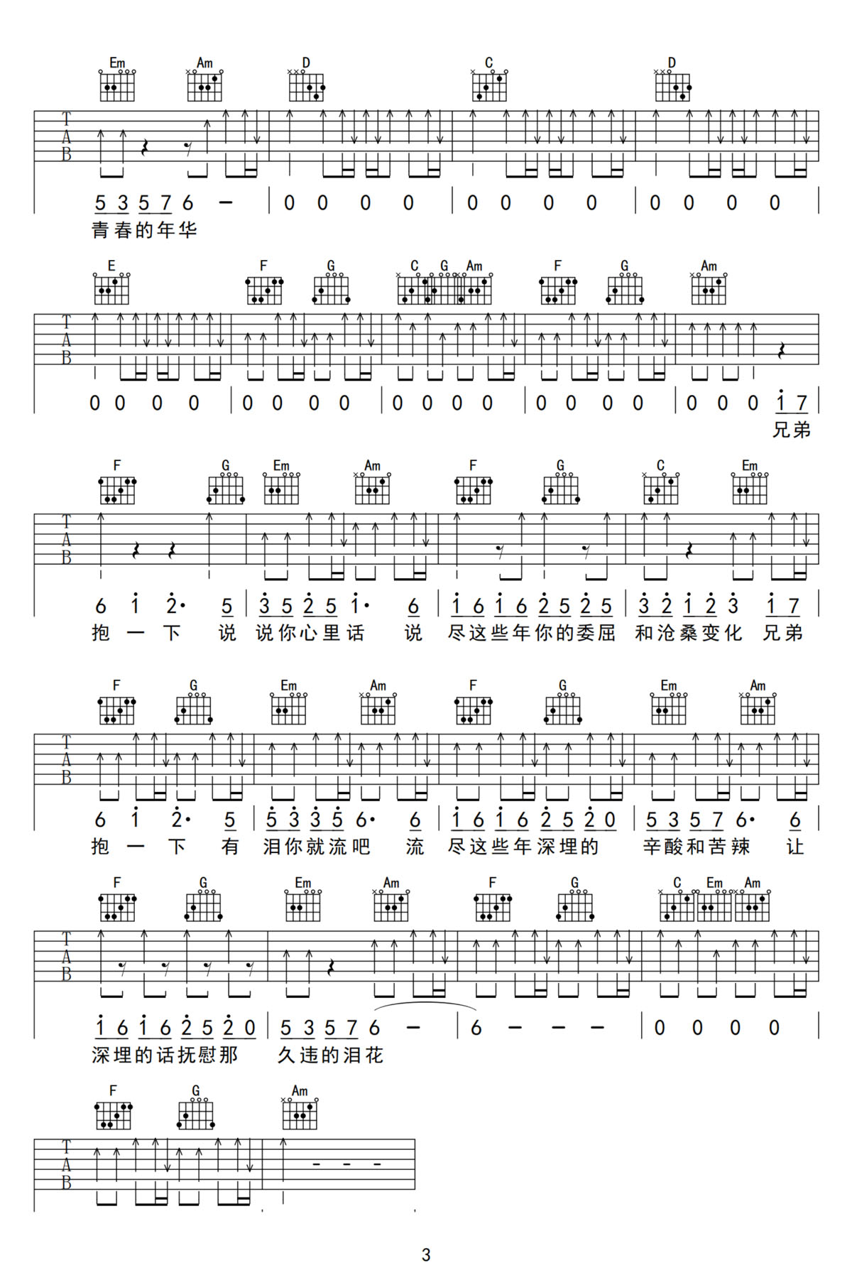 兄弟抱一下吉他譜_龐龍_C調(diào)和弦彈唱譜_原版_圖譜3