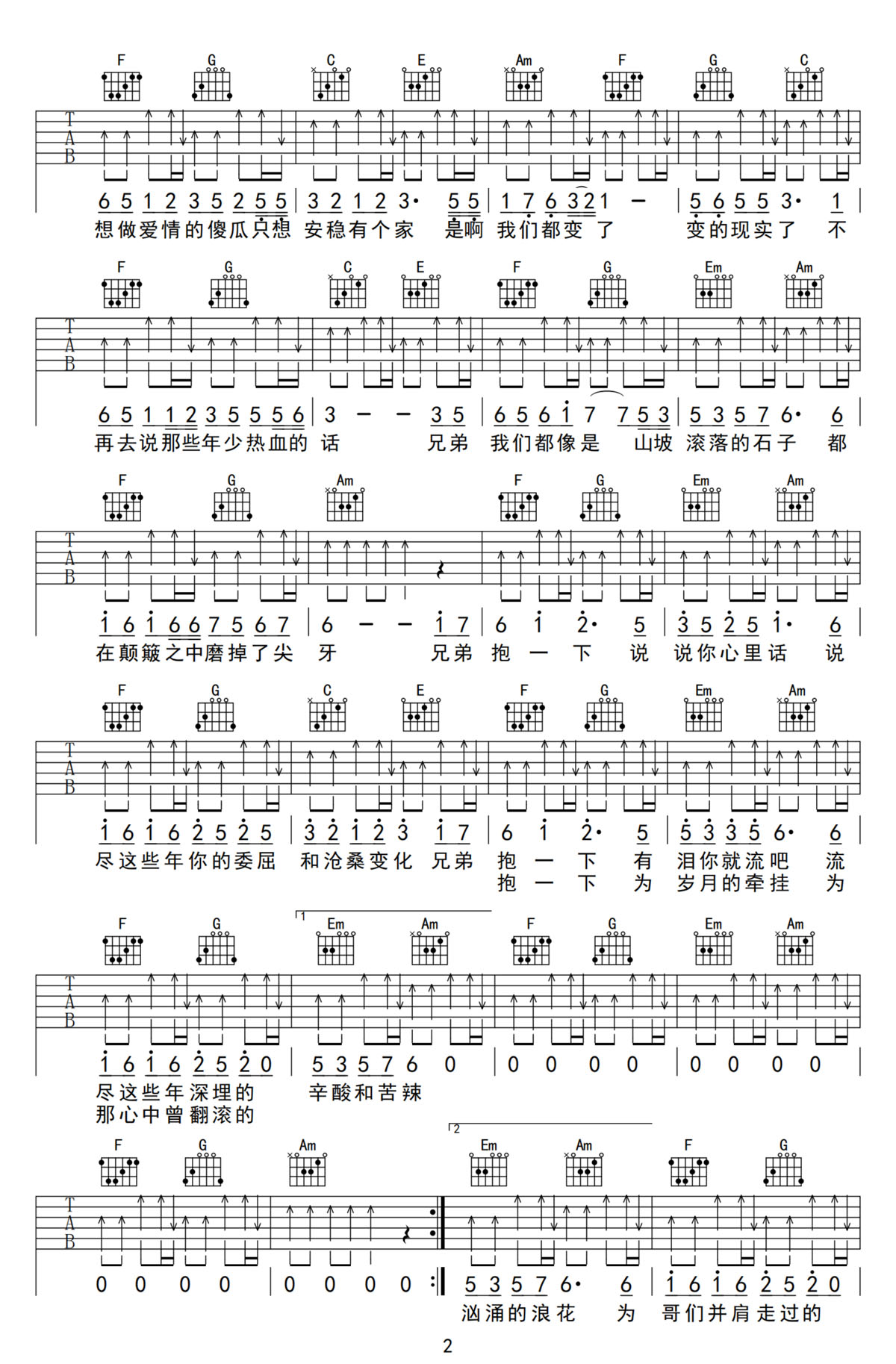 兄弟抱一下吉他譜_龐龍_C調(diào)和弦彈唱譜_原版_圖譜2