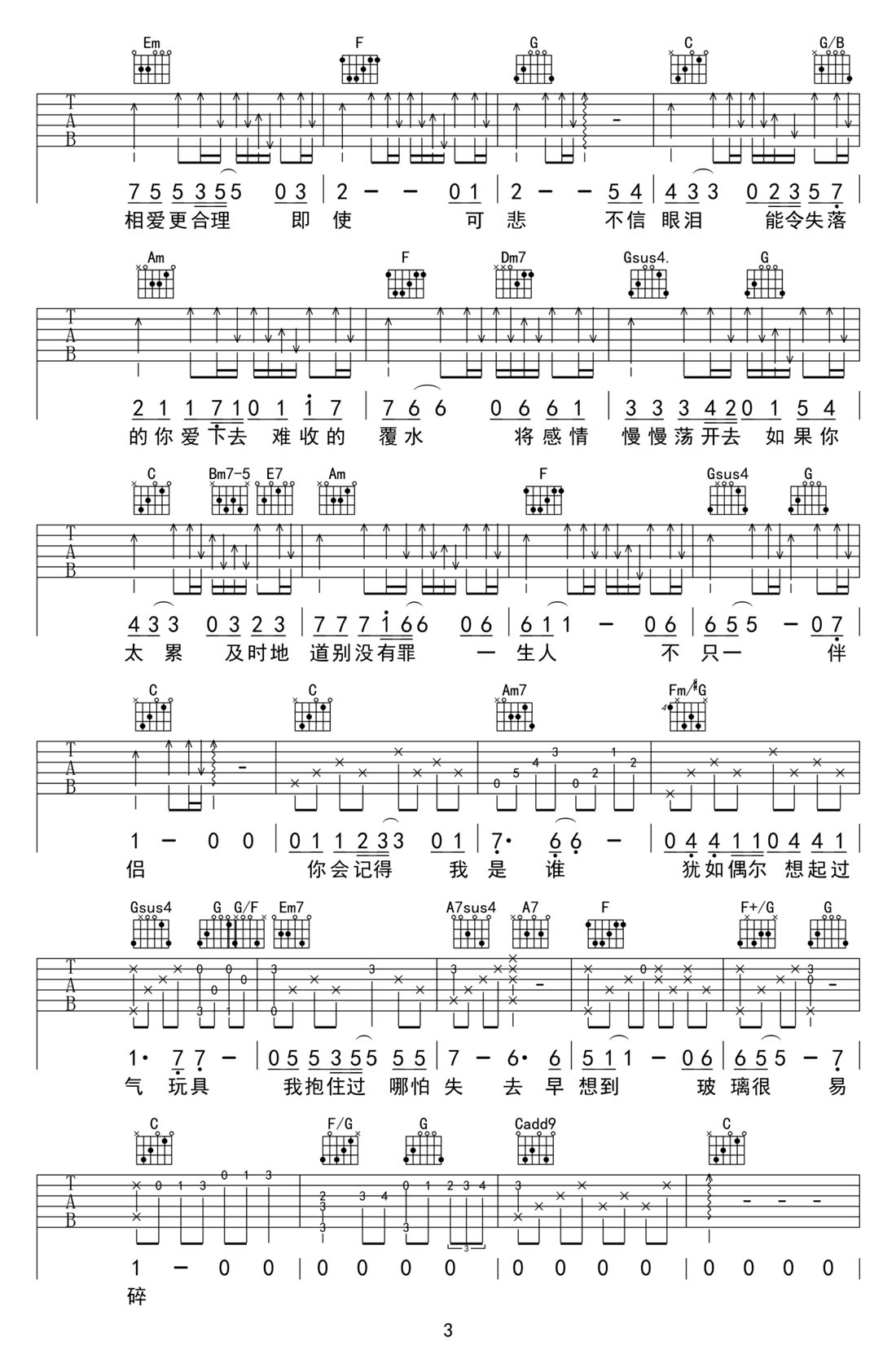 玻璃之情吉他譜_張國榮_C調和弦彈唱譜_老歌新編_圖譜3