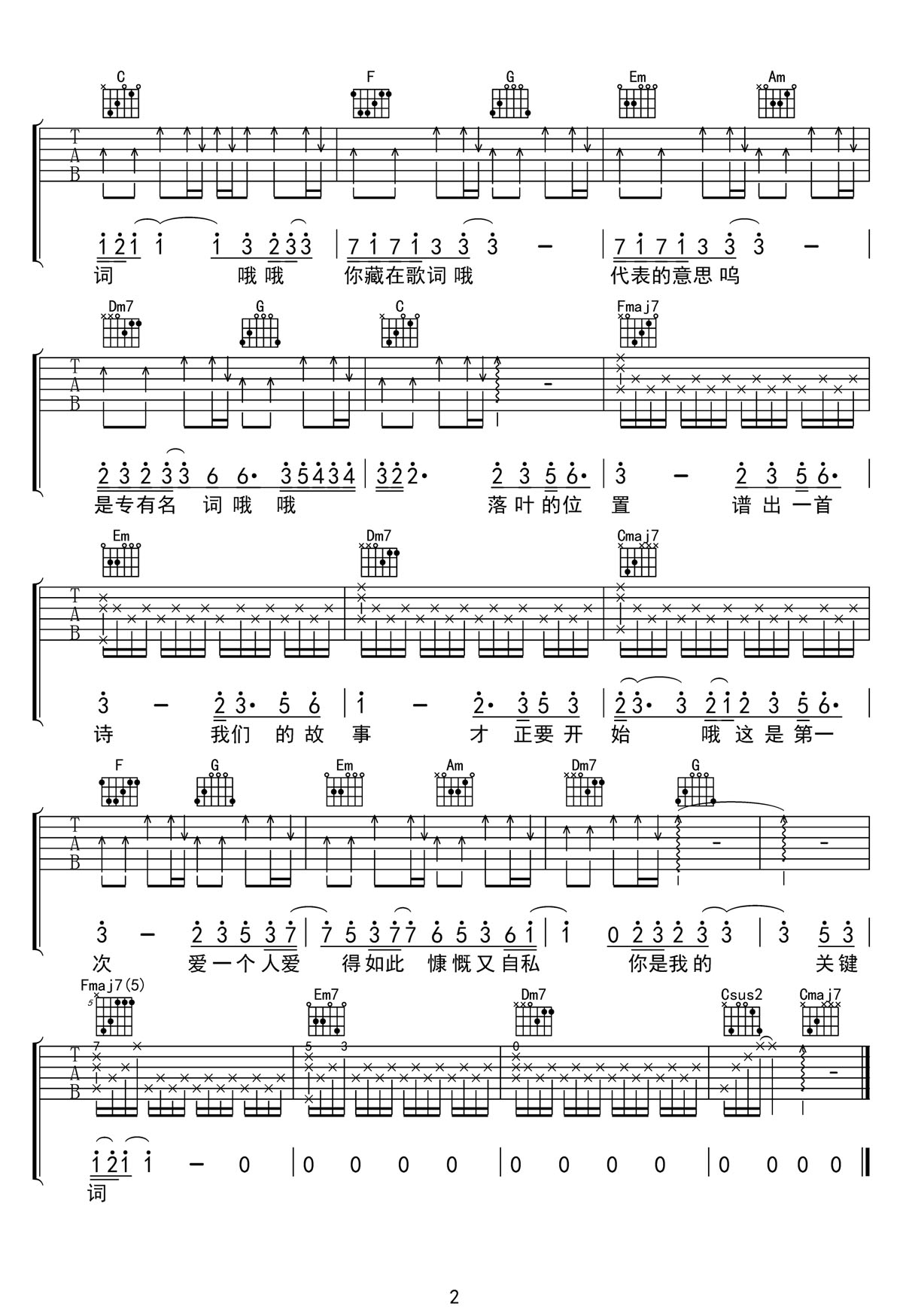 關鍵詞吉他譜_林俊杰_C調和弦彈唱譜_高清簡易版_圖譜2