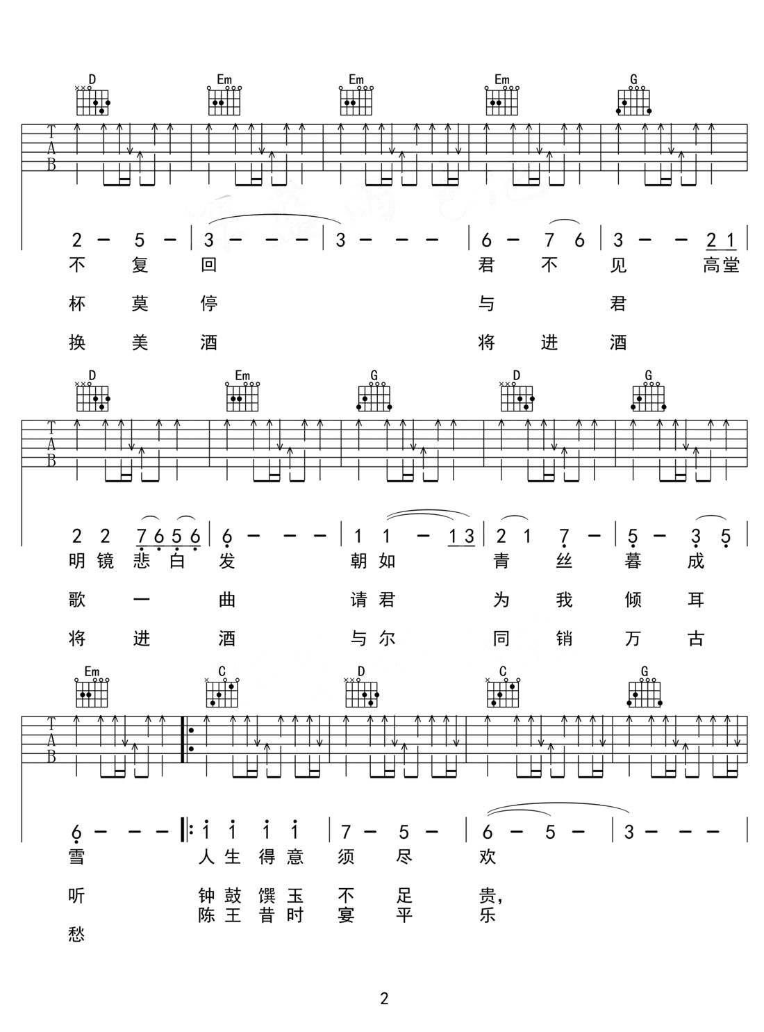將進酒吉他譜_陳涌海_G調和弦彈唱譜_圖譜2