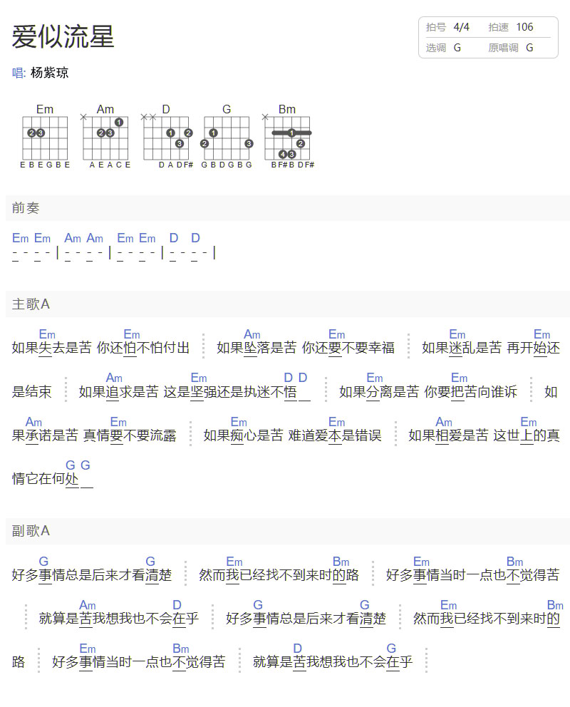 愛似流星吉他譜_楊紫瓊_G調和弦彈唱譜_和弦版_圖譜1