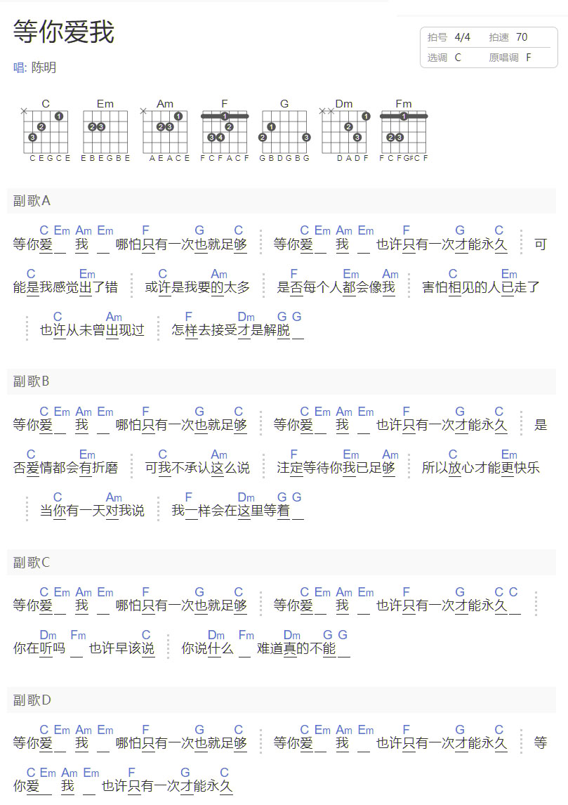 等你愛我吉他譜_陳明_C調(diào)和弦彈唱譜_新手版_圖譜1