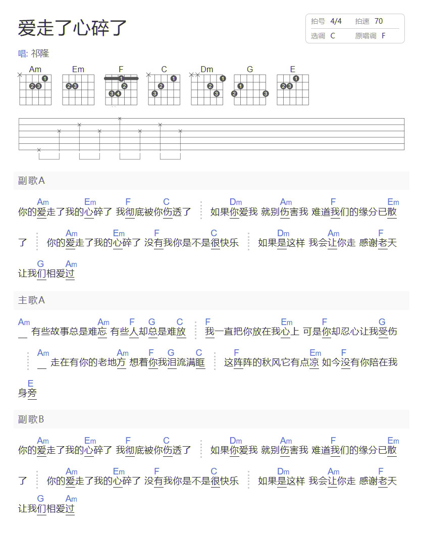 愛走了心碎了吉他譜_雷龍_C調和弦彈唱譜_圖譜1