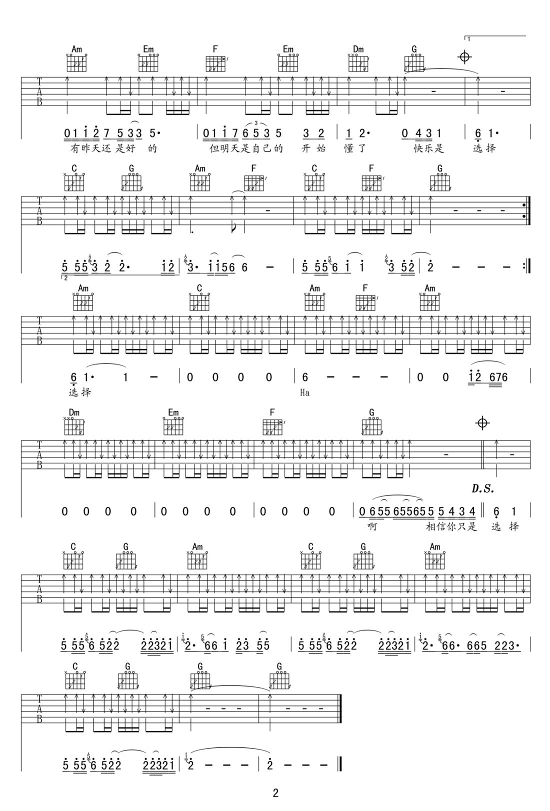 開始懂了吉他譜_孫燕姿_C調和弦彈唱譜_高清重制版_圖譜2