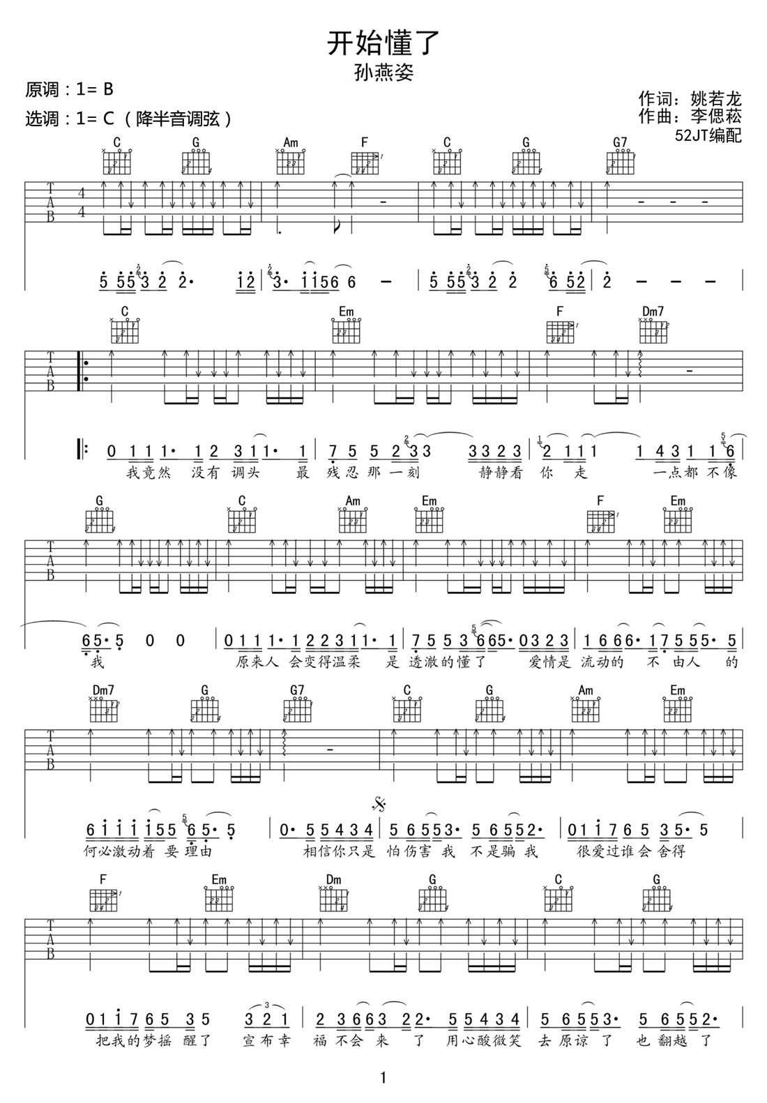 開始懂了吉他譜_孫燕姿_C調和弦彈唱譜_高清重制版_圖譜1