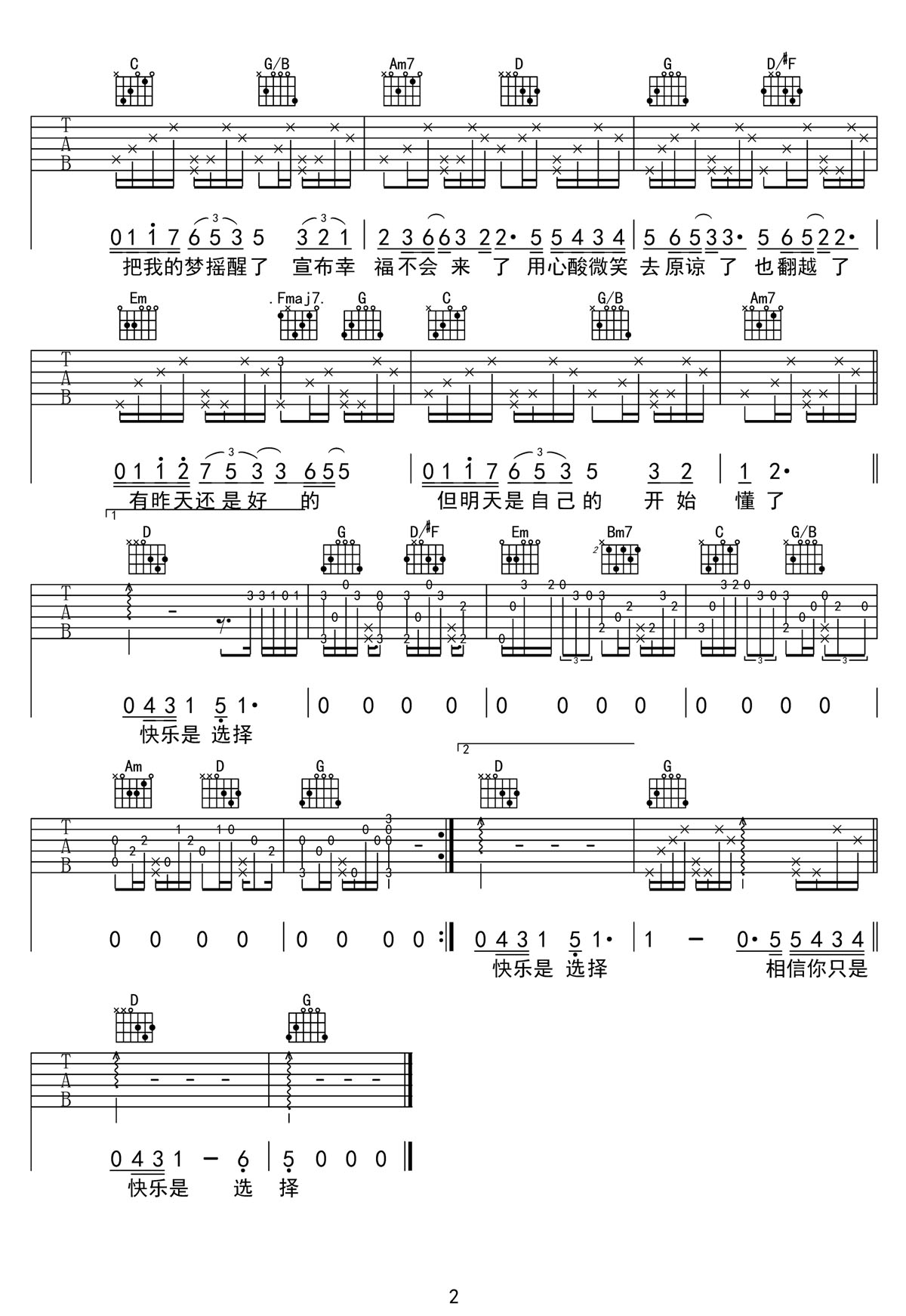 開始懂了吉他譜_孫燕姿_G調和弦彈唱譜_完美帶前奏_圖譜2