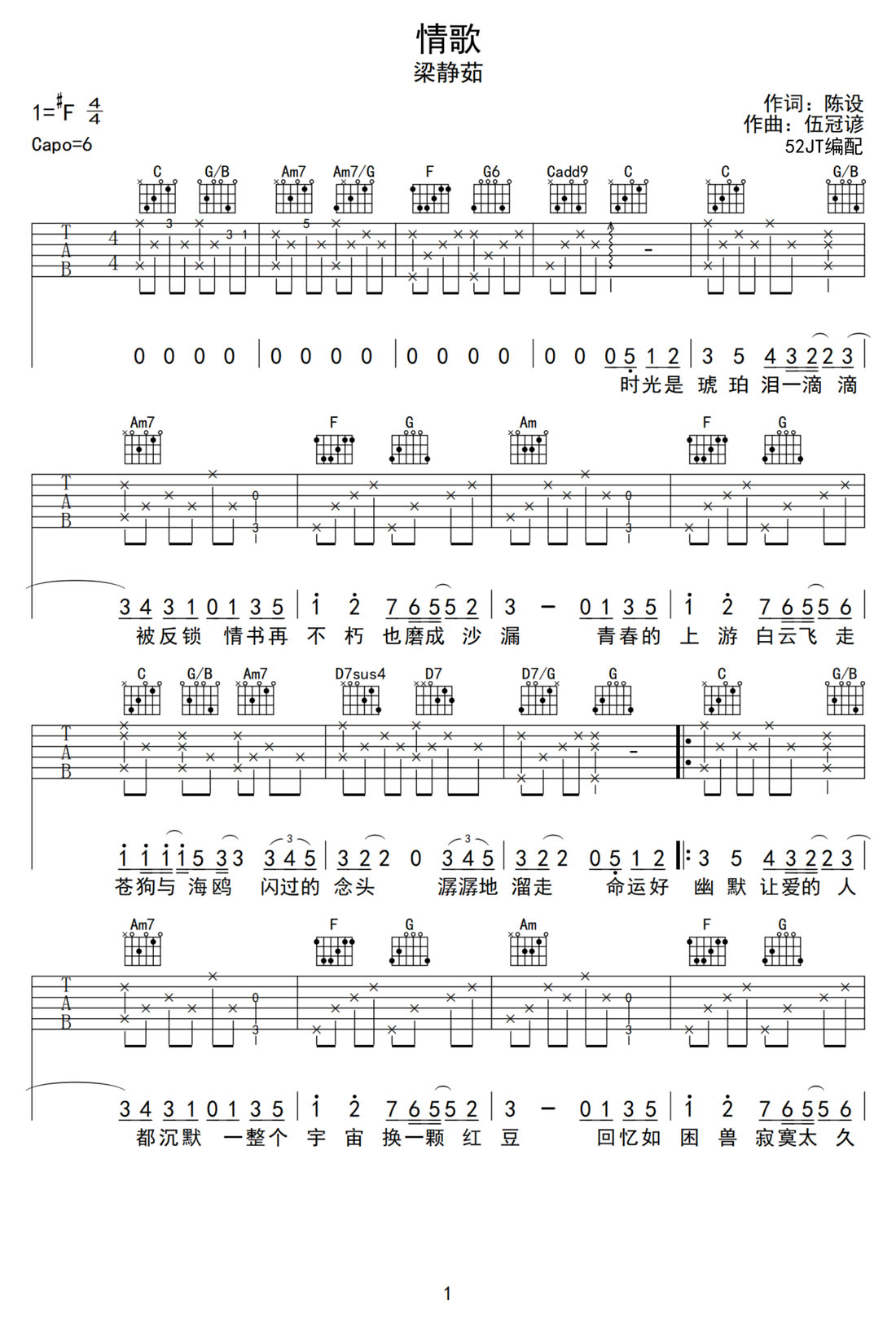 情歌吉他譜_梁靜茹_C調(diào)和弦彈唱譜_完美版_圖譜1