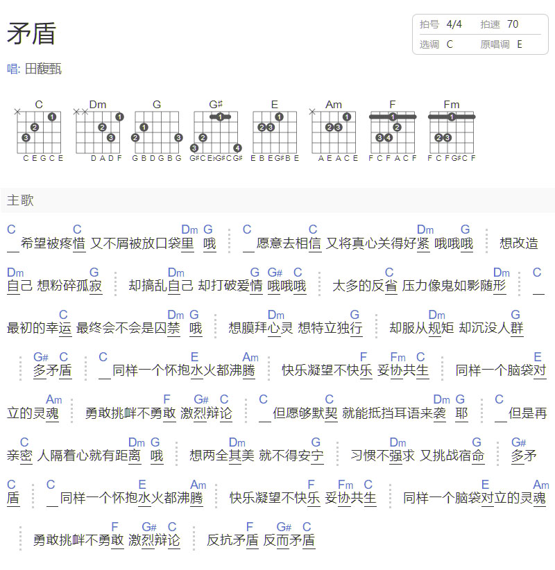 矛盾吉他譜_田馥甄_C調和弦彈唱譜_和弦版_圖譜1
