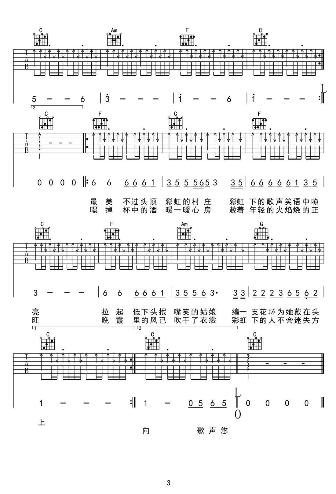 彩虹下面吉他譜_趙雷_C調(diào)和弦彈唱譜_高清切弦版_圖譜3