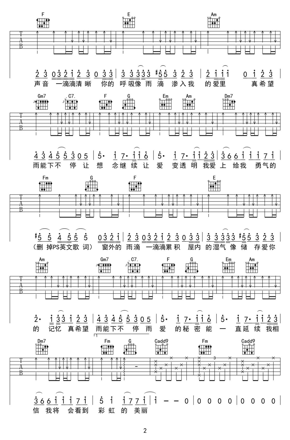 雨愛吉他譜_楊丞琳_C調和弦彈唱譜_高清原版_圖譜2