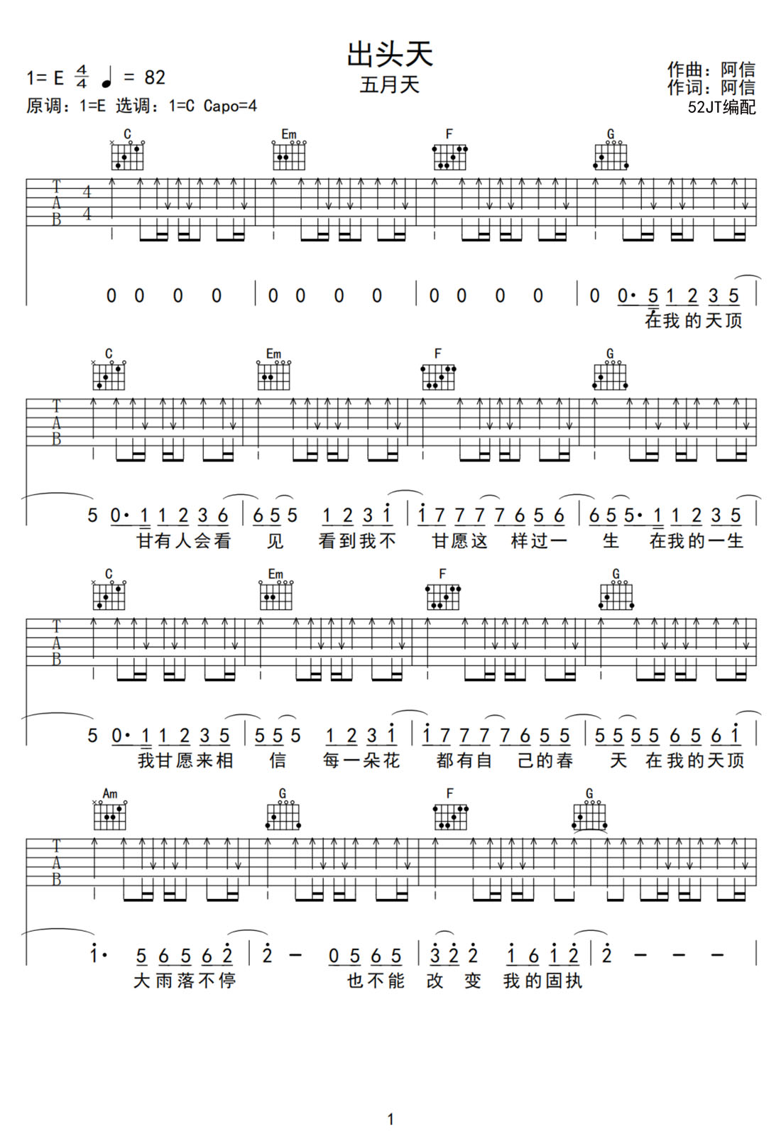 出頭天吉他譜_五月天_C調和弦彈唱譜_高清重制版_圖譜1