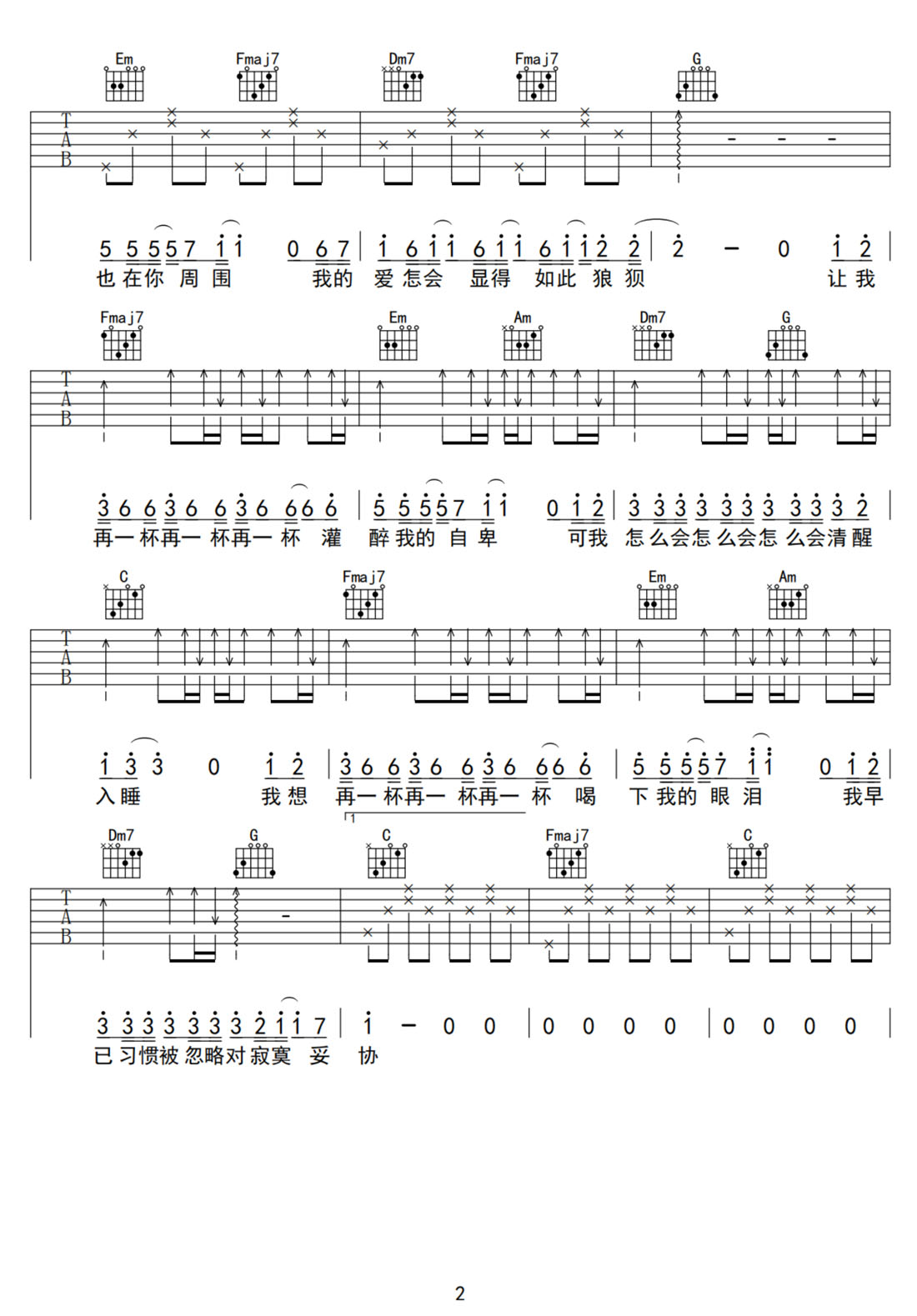 讓我再喝一杯吉他譜_張主任_C調和弦彈唱譜_高清簡單版_圖譜2