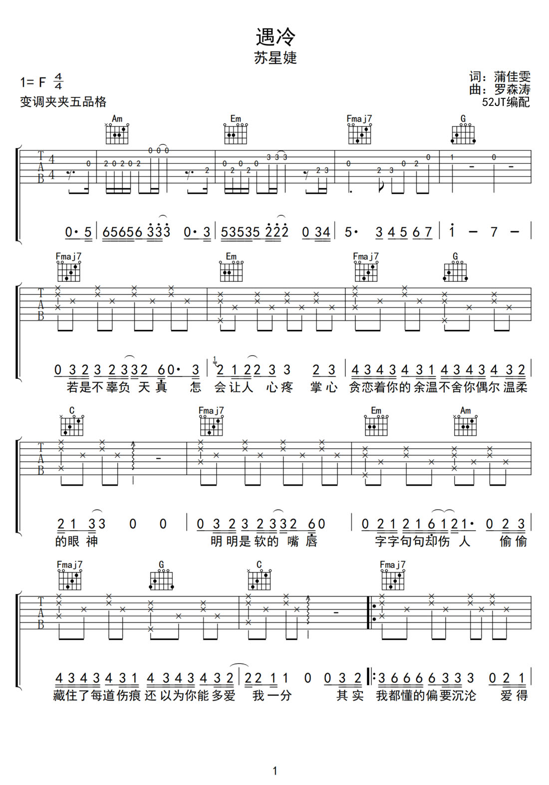 遇冷吉他譜_蘇星婕_C調和弦彈唱譜_完美帶前奏_圖譜1
