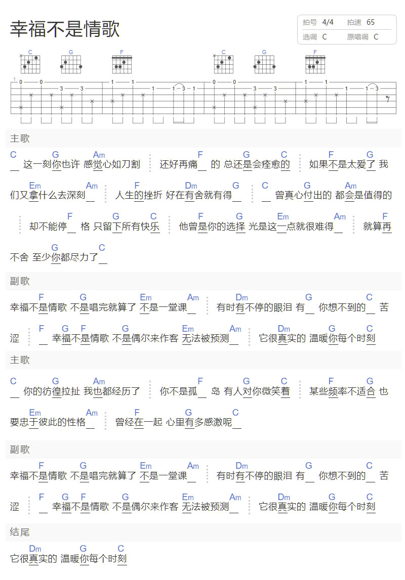幸福不是情歌吉他譜_劉若英_C調和弦彈唱譜_簡單重制版_圖譜1