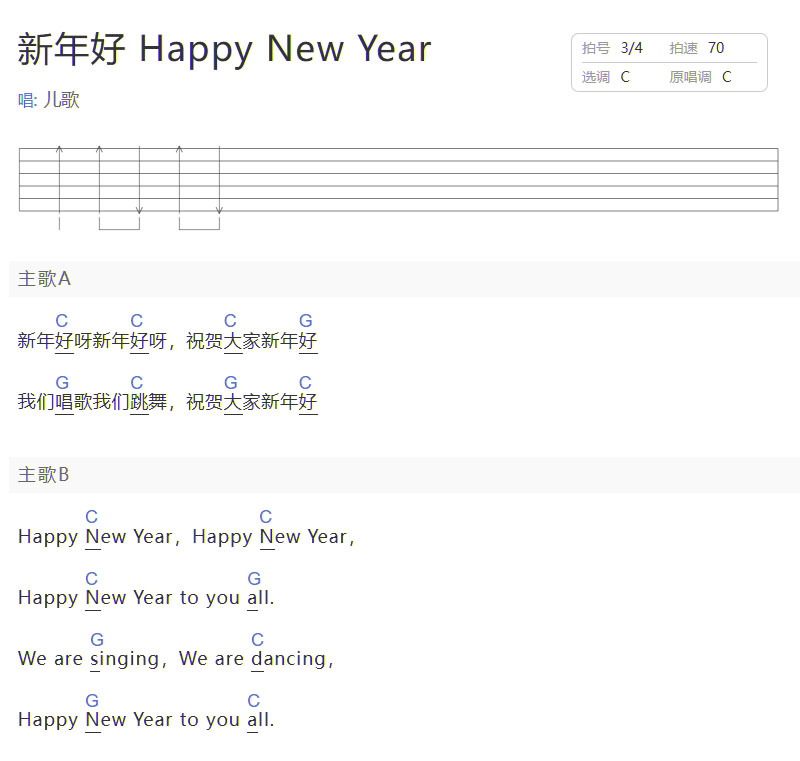 新年好(Happy New Year)吉他譜_兒歌童謠_C調和弦彈唱譜_簡單版_圖譜1