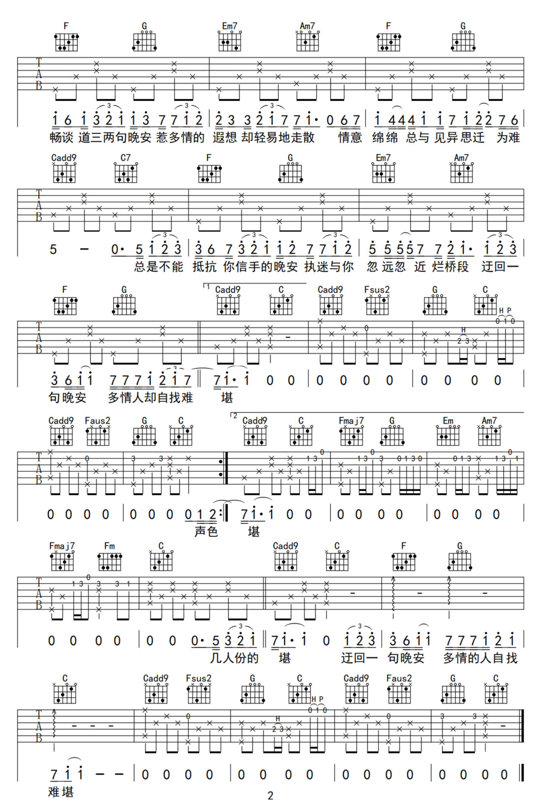 晚安吉他譜_顏人中_C調和弦彈唱譜_原版帶前奏_圖譜2