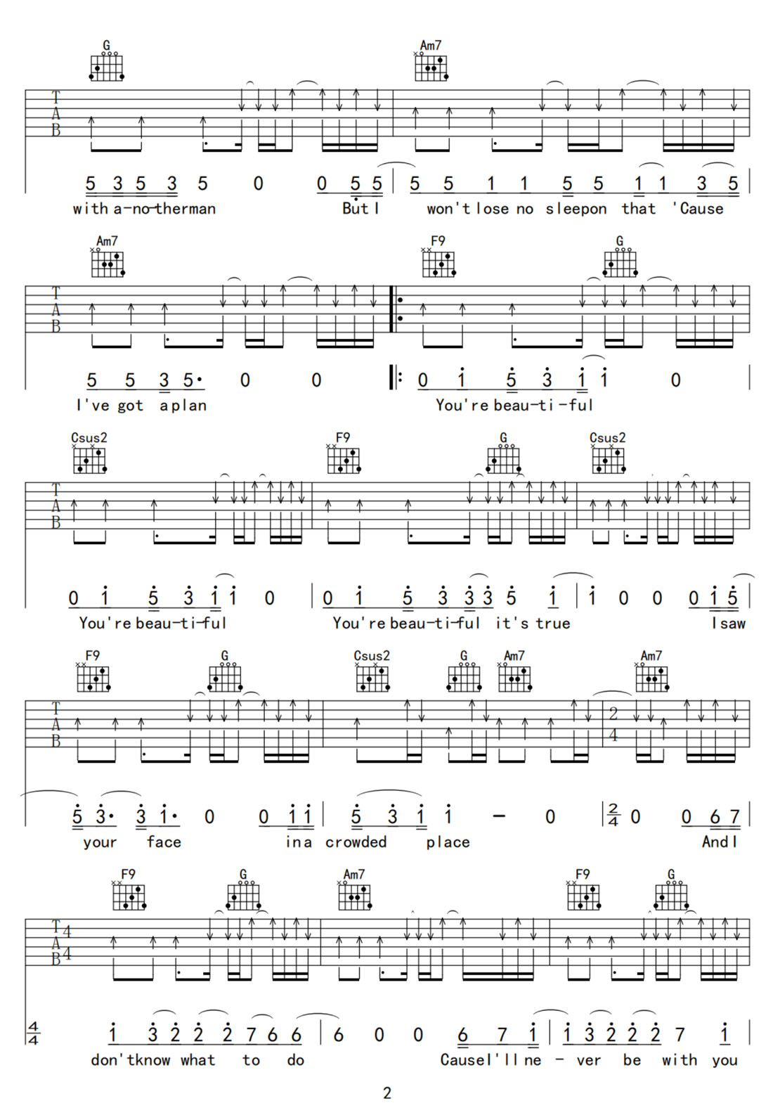 You Are Beautiful吉他譜_James Blunt_C調(diào)和弦彈唱譜_高清重制版_圖譜2