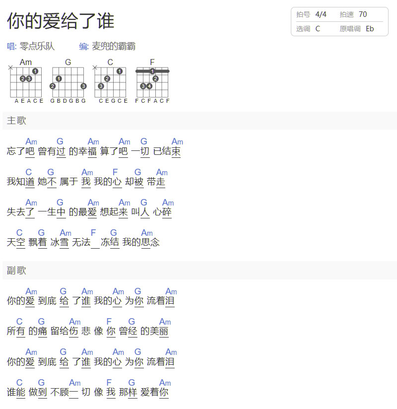 你的愛給了誰吉他譜_零點樂隊_C調和弦彈唱譜_簡單和弦版_圖譜1