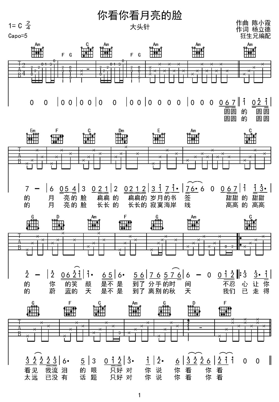 你看你看月亮的臉吉他譜_大頭針_C調和弦彈唱譜_老歌新編_圖譜1