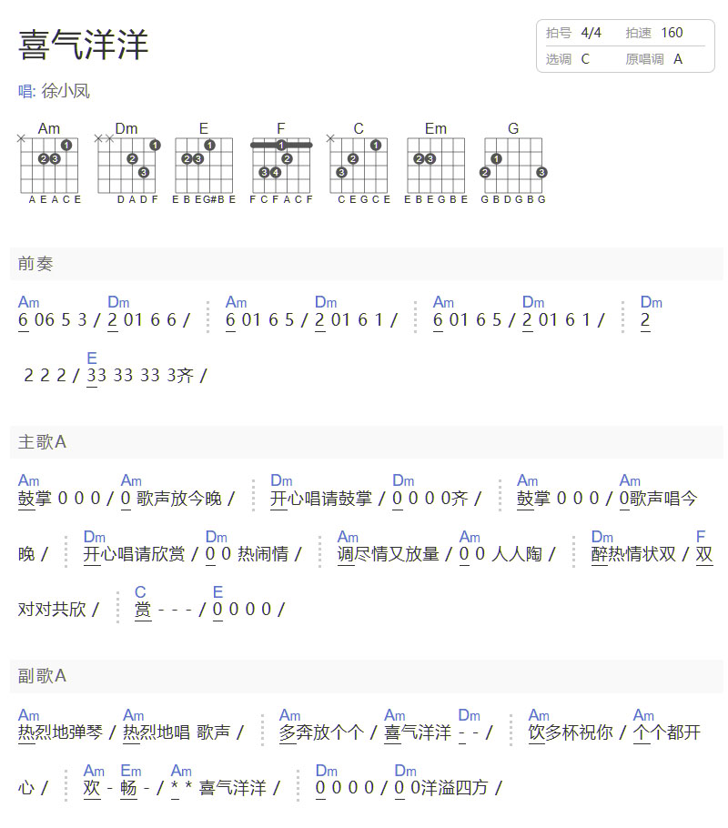 喜氣洋洋吉他譜_徐小鳳_C調(diào)和弦彈唱譜_高清重制版_圖譜1