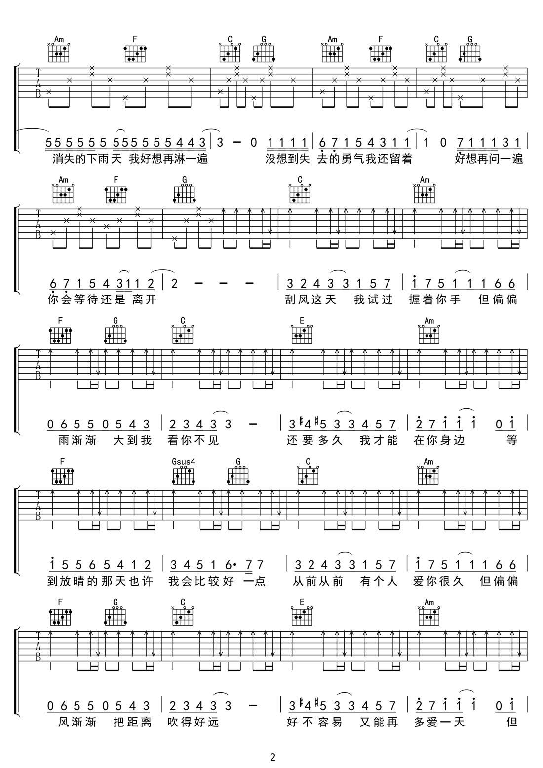 晴天吉他譜_周杰倫_C調和弦彈唱譜_簡易改編_圖譜2