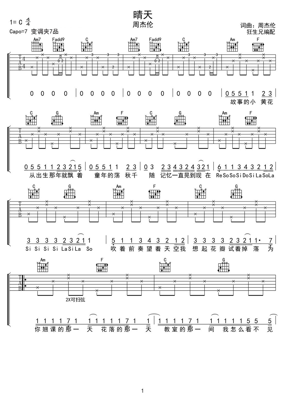 晴天吉他譜_周杰倫_C調和弦彈唱譜_簡易改編_圖譜1