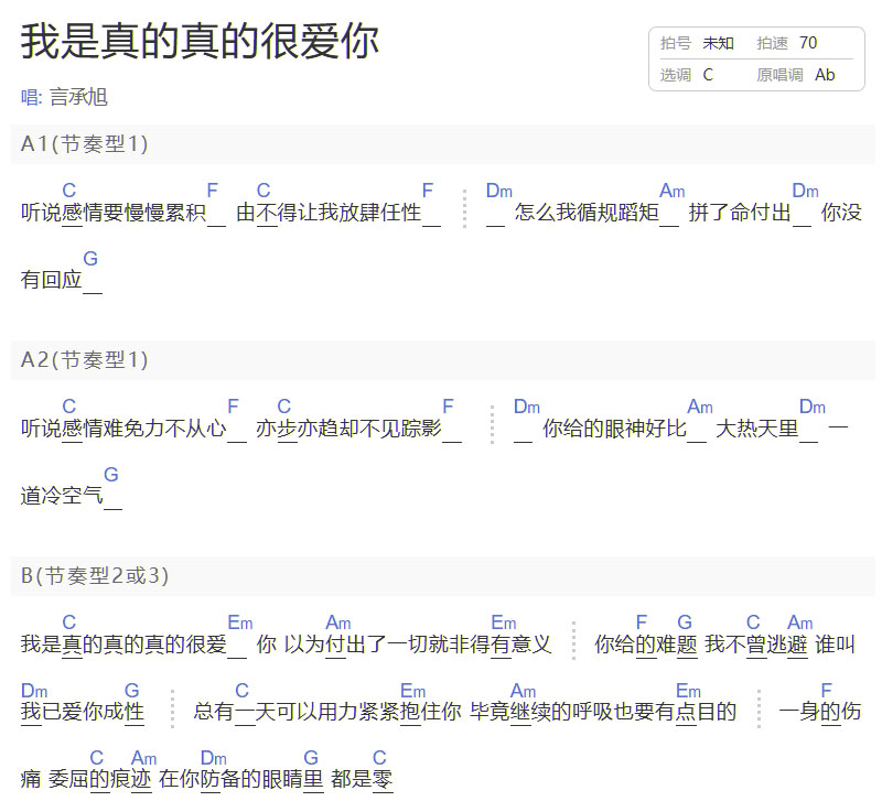 我是真的真的很愛你吉他譜_言承旭_C調和弦彈唱譜_簡單版_圖譜1