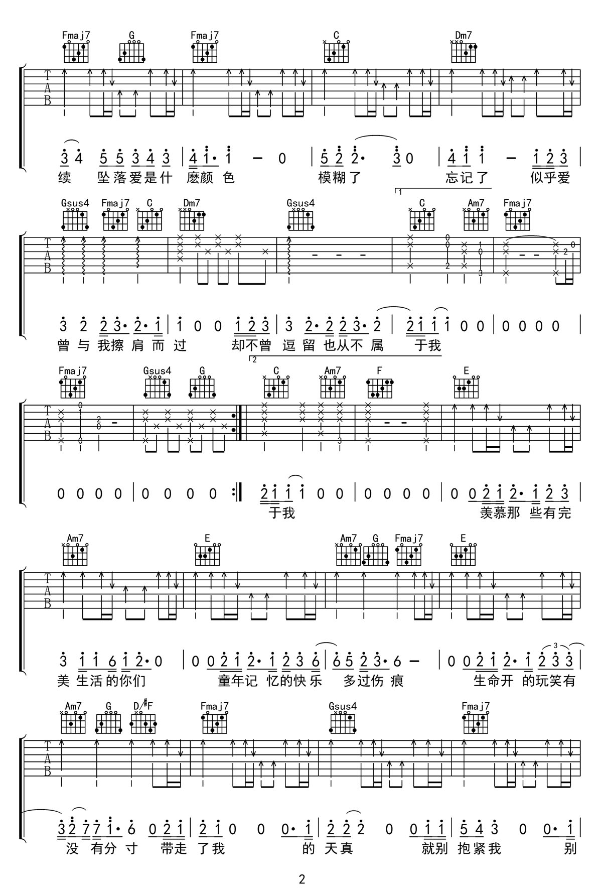 墜落吉他譜_蔡健雅_C調(diào)和弦彈唱譜_高清重制版_圖譜2