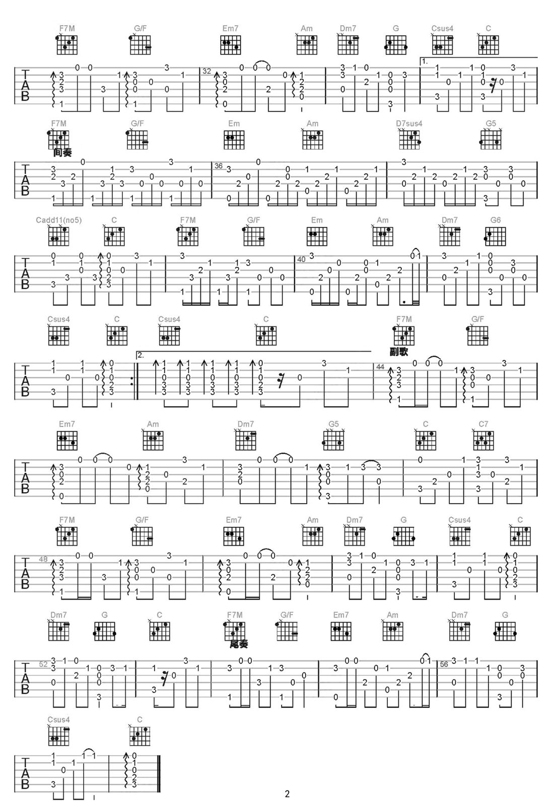 冬眠吉他譜_司南_C調指彈/獨奏譜_簡單版_圖譜2