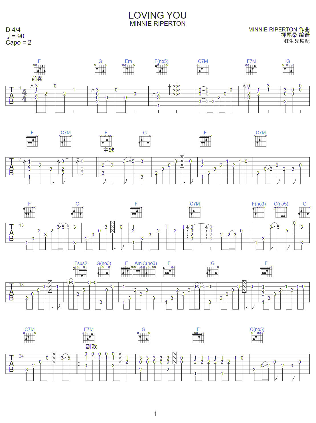 Loving You吉他譜_押尾桑_C調指彈/獨奏譜_原版改編_圖譜1