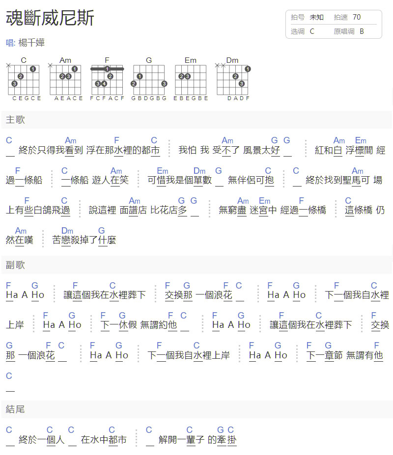 魂斷威尼斯吉他譜_楊千嬅_C調和弦彈唱譜_圖譜1