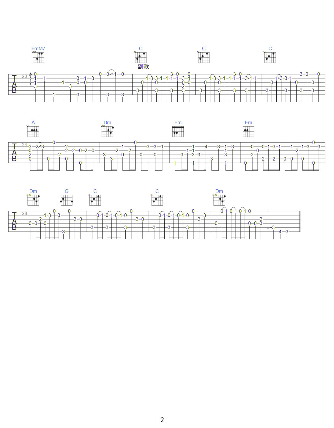 我懷念的吉他譜_孫燕姿_C調指彈/獨奏譜_原版改編_圖譜2