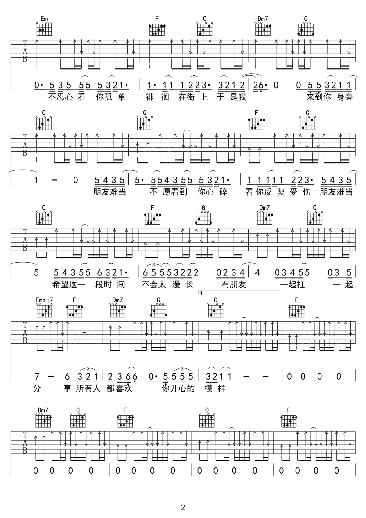 朋友難當吉他譜_羽泉_C調和弦彈唱譜_高清掃弦版_圖譜2