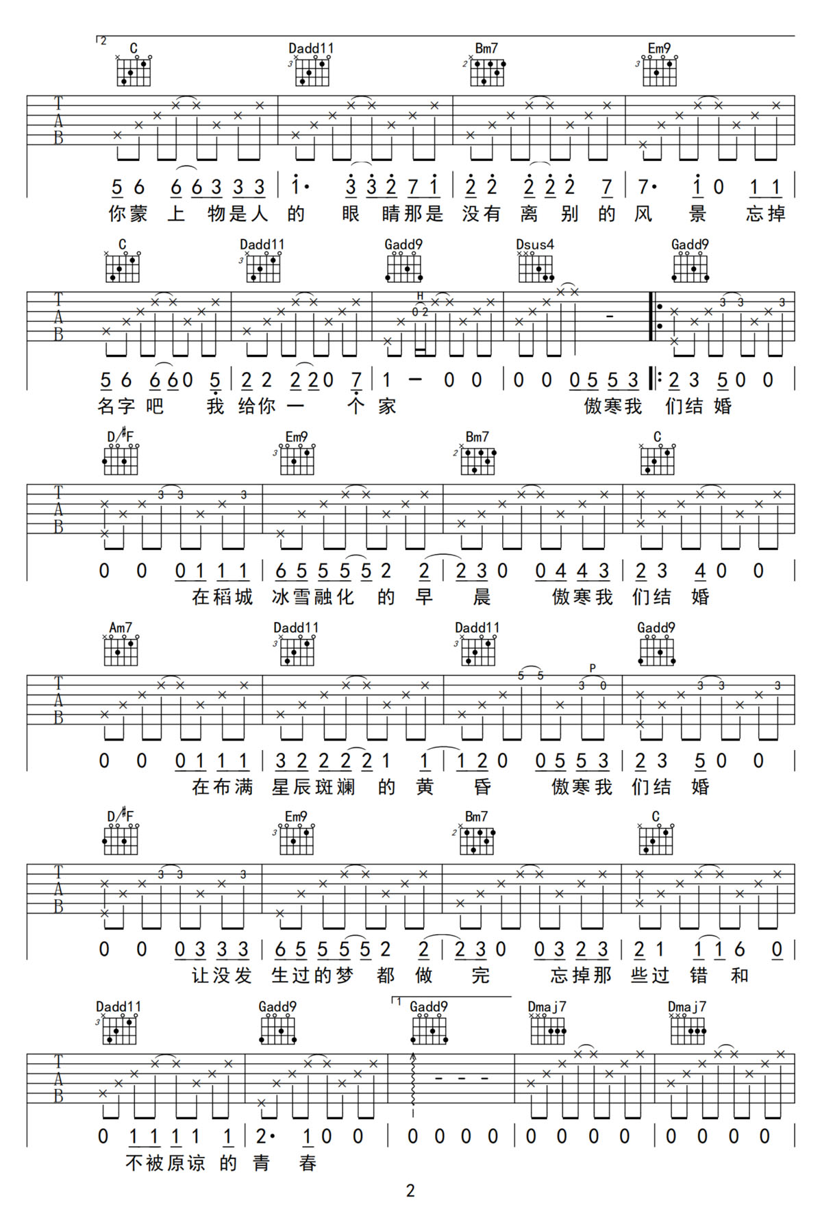 傲寒吉他譜_馬頔_G調(diào)和弦彈唱譜_原版編配_圖譜2