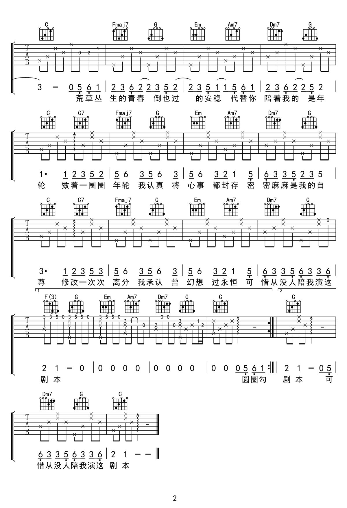 年輪吉他譜_張碧晨_C調和弦彈唱譜_高清帶前奏_圖譜2
