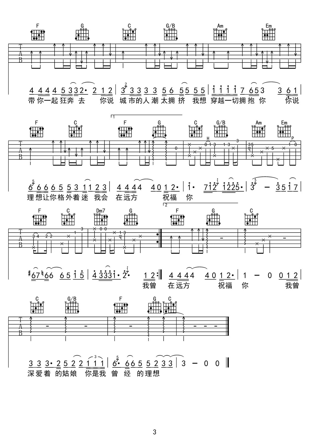 你是我曾經的理想_吉他譜_焦靖峰_C調和弦彈唱譜_原版改編帶前奏_圖譜3
