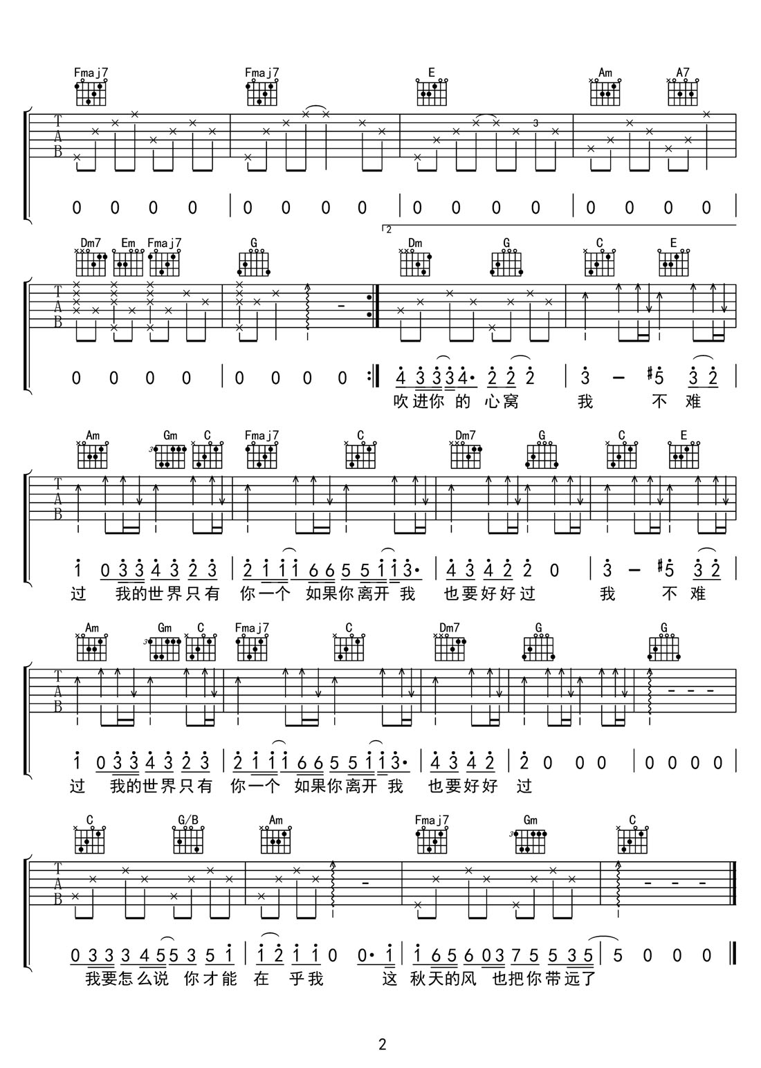 秋風吉他譜_四熹丸子_C調和弦彈唱譜_完美帶前奏_圖譜2