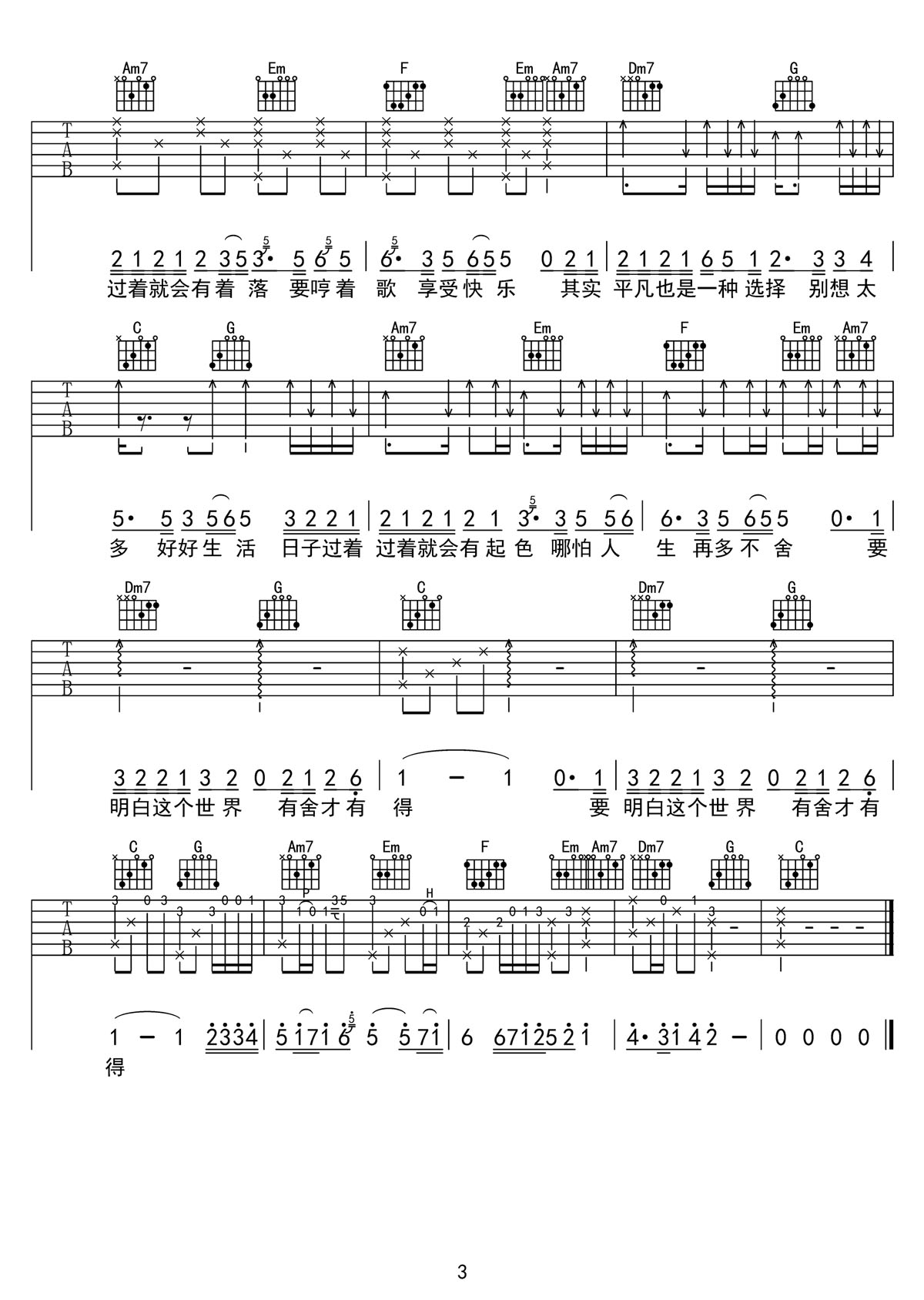 別想太多好好生活吉他譜_老胡子男孩_C調和弦彈唱譜_完美帶前奏_圖譜3
