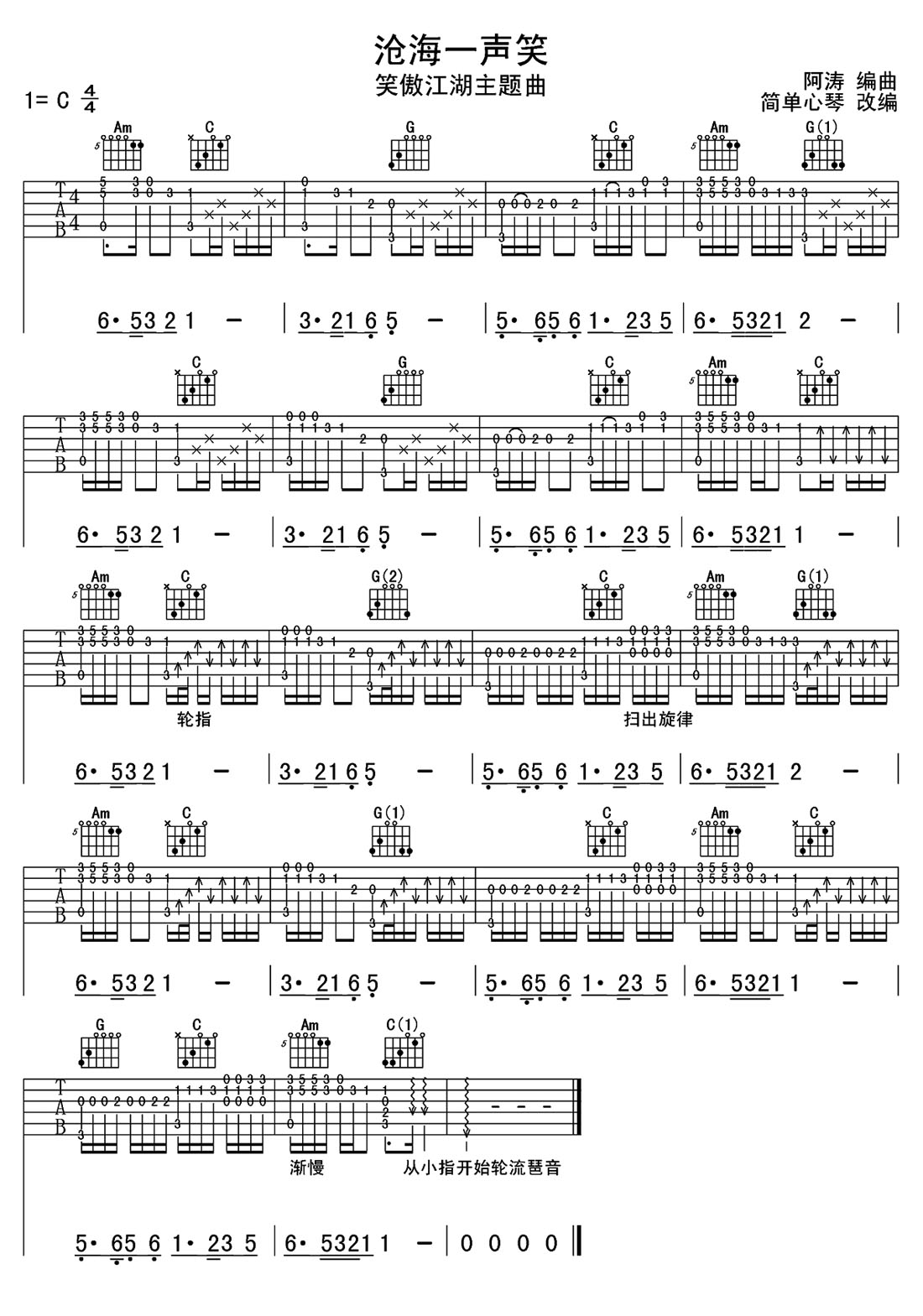 滄海一聲笑吉他譜_許冠杰_C調指彈/獨奏譜_笑傲江湖主題曲_圖譜1