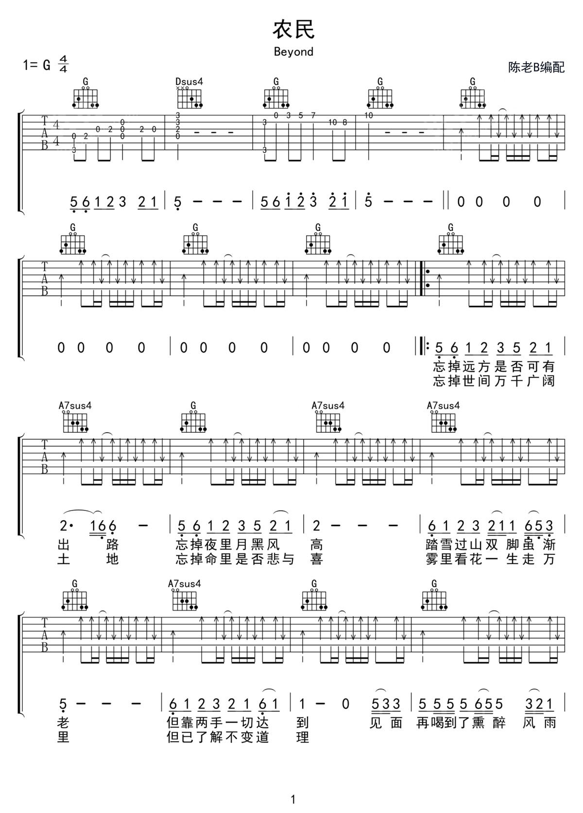農民吉他譜_Beyond_G調和弦彈唱譜_高清重制版_圖譜1