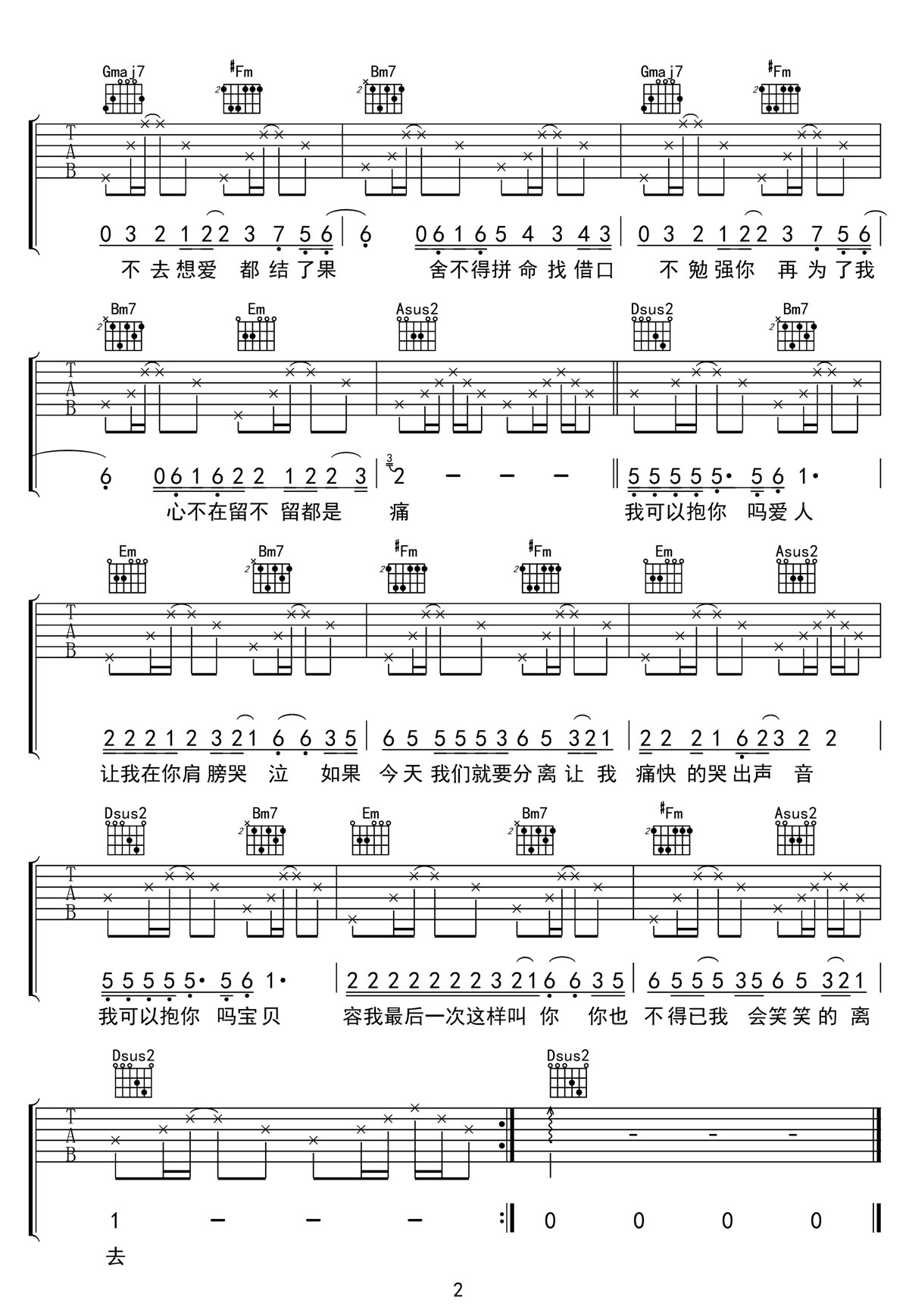 我可以抱你嗎吉他譜_張惠妹_D調和弦彈唱譜_高清完整版_圖譜2