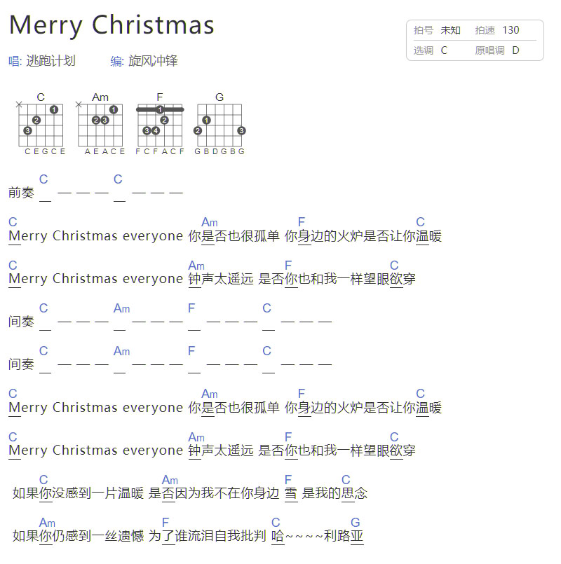 Merry Christmas吉他譜_逃跑計劃_C調和弦彈唱譜_圖譜1