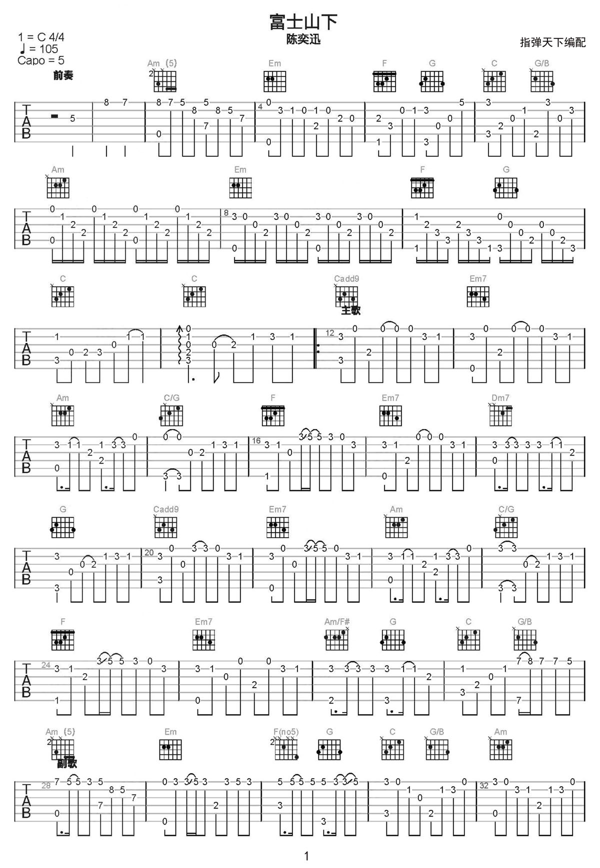 富士山下吉他譜_陳奕迅_C調指彈/獨奏譜_新改編_圖譜1